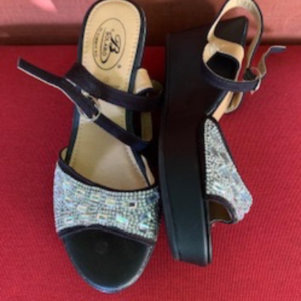 Never Been Worn - Bolaro Black and Rhinestone Wedge, Ankle Strap, Size 6